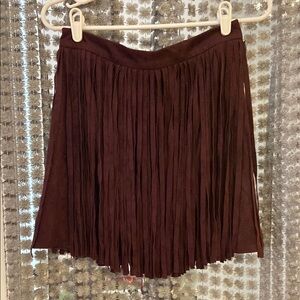 Brown Mini Skater Faux Suede Skirt with Fringe